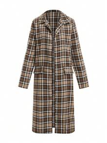 Louniche Abrigo casual de mujer de otoño/invierno con estampado de cuadros de dos tonos, de corte holgado y de longitud media, versátil - Marrón - Ver 8