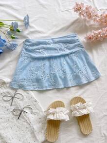 Soleia Women's Floral Embroidery Pleated Casual Cute Versatile Date Vacation Outing Mini Skirt Blue And White Flower Summer - Baby Blue - View 1