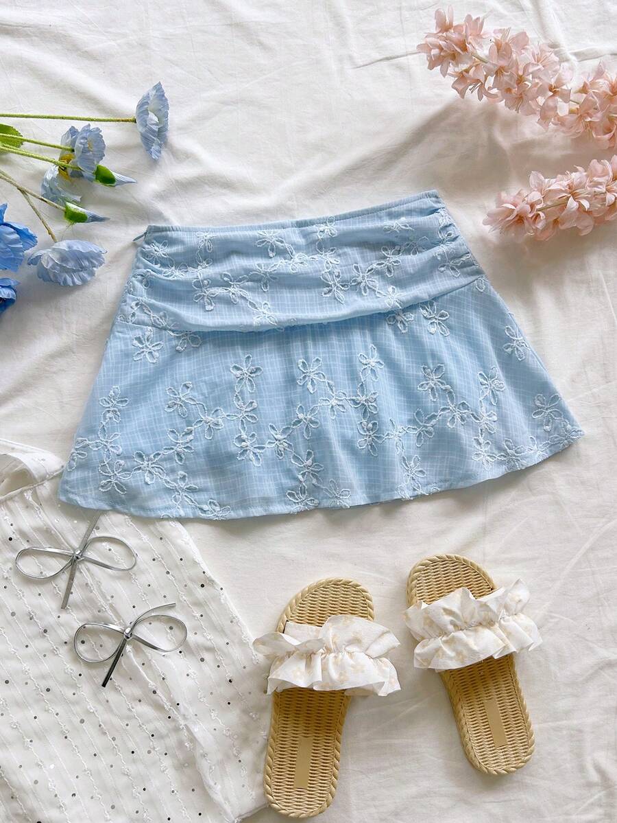 Soleia Women's Floral Embroidery Pleated Casual Cute Versatile Date Vacation Outing Mini Skirt Blue And White Flower Summer - Baby Blue - View 1