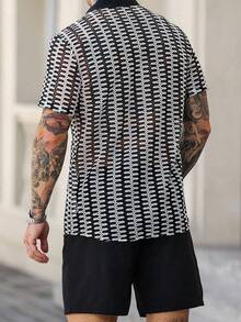 Manfinity Homme Conjunto de top de manga corta con estampado casual y pantalones cortos de unicolor para hombres de talla grande - Blanco y Negro - Ver 2