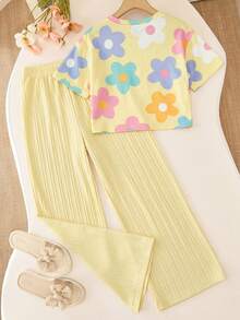 SHEIN Sparklyn Bộ 2 món cho bé gái: Áo thun in hoa toàn thân và quần ống rộng cạp cao có họa tiết. - Hồng - Xem 6