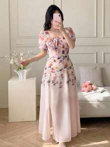 Celisse Floral Print Chest Tie Front Slit Dress For Women, Vacation - Apricot - View 3