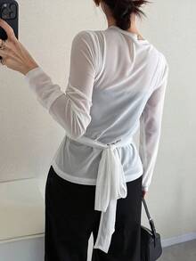 FRIFUL Women's Criss-Cross Strap Sheer Open Front Solid Color Top T-Shirt Office White Autumn Elegant Minimalist Long Sleeve - White - View 4
