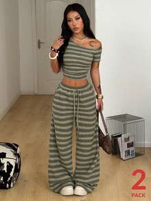 Coolane Summer Outfits For Women Streetwear Y2k Going Out Everyday Holiday Casual Vacation Grey Stripe Short Sleeve Off The Shoulder T-Shirt Wide Leg 2pcs - Army Green - View 5