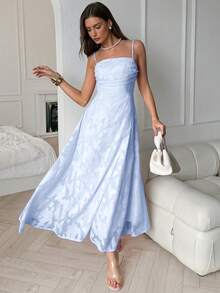 Elenzga Đầm chữ A không tay, xếp ly, chất liệu chiffon hai lớp dệt jacquard, thiết kế thắt eo, màu hồng nhạt, thanh lịch và lãng mạn, thích hợp cho kỳ nghỉ hè và mùa cưới. - Màu xanh lam - Xem 4