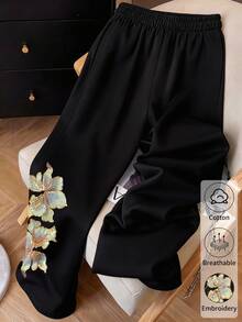 Resyla Pantalon décontracté pour femmes de couleur unie avec taille élastique et poches en biais - Noir - Voir 1