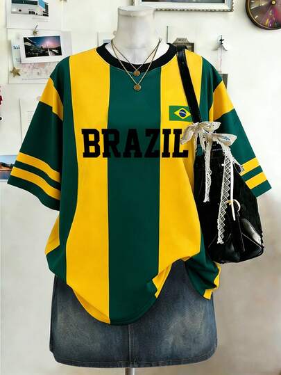 Lalippa Camiseta de mujer de corte holgado con cuello redondo, con rayas amarillas y verdes y estampado de eslogan brasileño