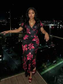 Slaydiva Black Elegant Sexy Women's Floral Dress Summer Beach Night Out Party Vacation Outfits Deep V-Neck Ruffled Short Sleeve Belt Tie A-Line Umbrella Dress - Multicolor - View 7