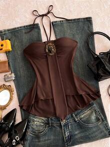 Elamini Vintage Sexy Spaghetti Strap Strap Distressed Floral Beaded Patch Camisole, Summer Boho Women's Tops For Summer Brown - Coffee Brown - View 5