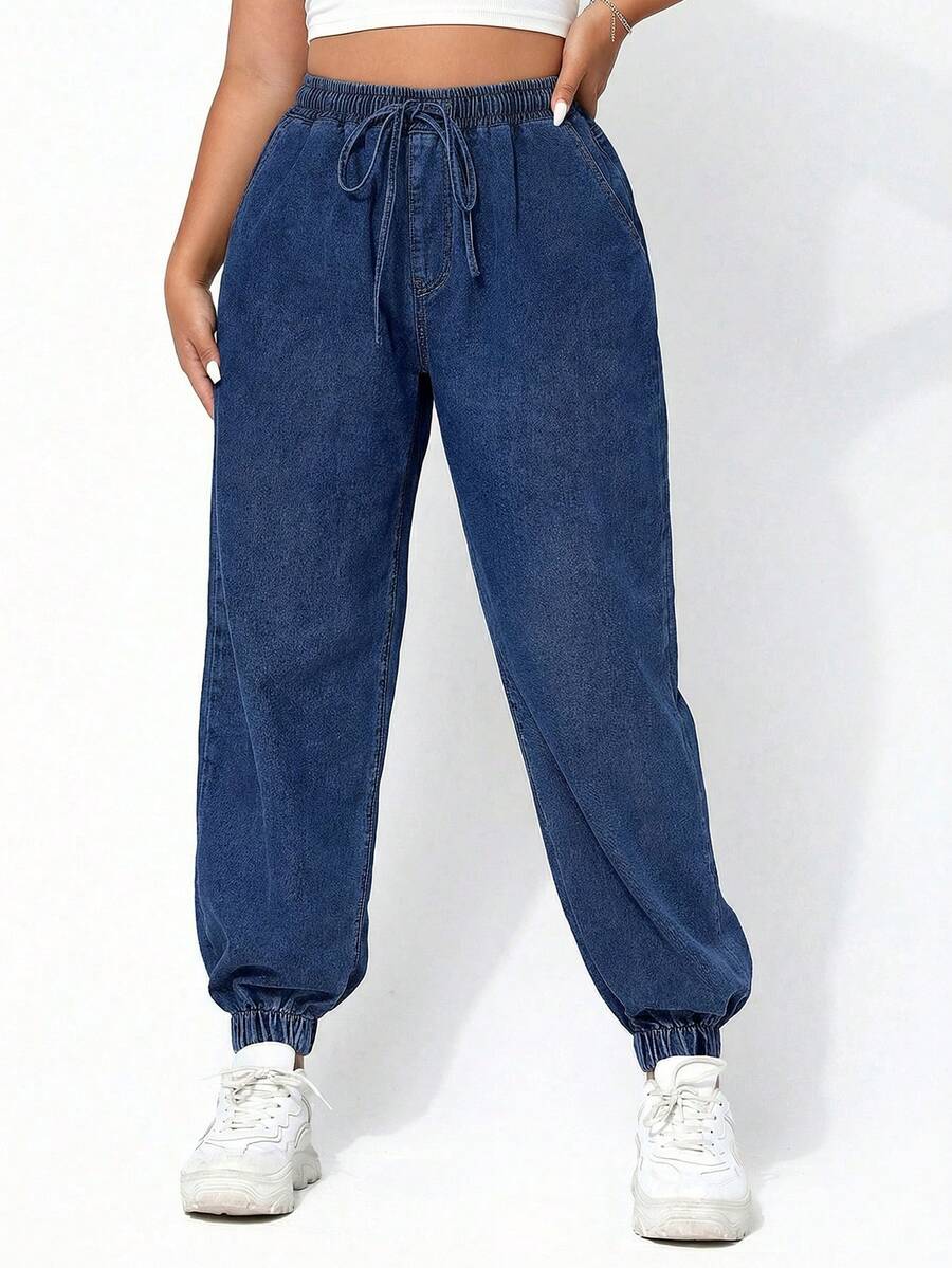 SHEIN EZwear Plus Size Casual Washed Jogger Jeans - Dark Wash - View 1