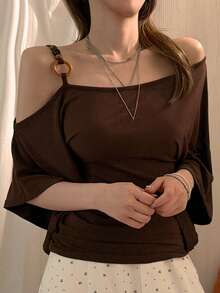 DAZY Women's Off-Shoulder Casual Solid Color T-Shirt, Summer - Coffee Brown - View 5
