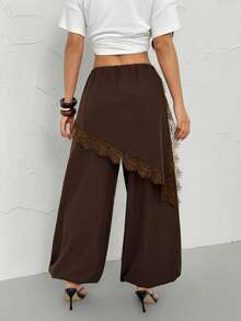 SHEIN PETITE Quần culottes hai mảnh màu nâu giả da kiểu dáng mùa xuân mới dành cho nữ, quần ống loe bất đối xứng viền ren, trang phục du lịch thời trang, quần thường ngày. Mùa hè. - màu nâu - Xem 2