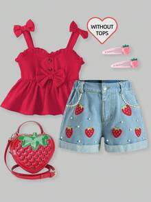 Young Girls Denim Blue Summer Jeans Shorts With Strawberry Embroidery, Rolled Hem Wide Leg, Fashion Studded Decoration - Blue - View 1