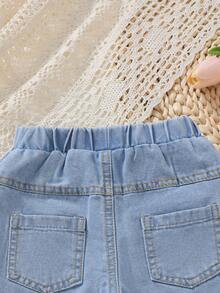 1pc Girls/Baby Cute Casual Blue Heart & Cartoon Animal Embroidered Straight Leg Denim Pants - Blue - View 6