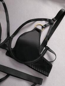 EmpressEnvy Conjunto de sutiã feminino de cetim brilhante com aro, bojo triangular e alças decoradas, e calcinha fio dental de cintura alta. - Preto - Ver 5