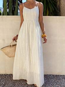 Livesso Đầm midi không tay kẻ sọc màu trắng, 100% cotton, thích hợp cho mùa xuân và mùa hè. - Màu be - Xem 7