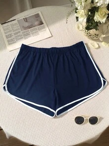 SHEIN EZwear 加大码弹力腰带藏蓝色白色滚边运动短裤 - 藏蓝色 - 查看 1