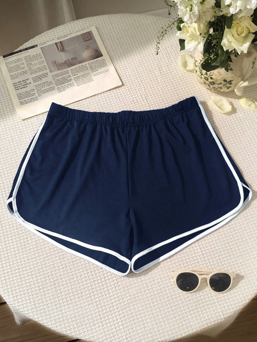 SHEIN EZwear 加大码弹力腰带藏蓝色白色滚边运动短裤 - 藏蓝色 - 查看 1