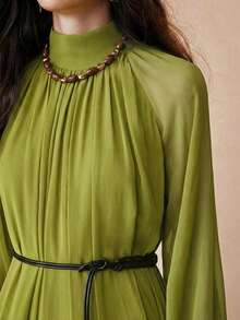 Arave Đầm dài bằng chiffon dáng rộng thanh lịch dành cho nữ, cổ đứng và viền bèo nhún, thích hợp cho các buổi hẹn hò. - Màu Mù tạt vàng - Xem 9