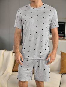 Bộ đồ ngủ nam tay ngắn và quần short in họa tiết chấm bi - Xám - Xem 2