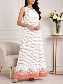 SHEIN Najma Đầm dài không tay cổ tròn in họa tiết chấm bi và hoa dâm bụt, kiểu dáng thường ngày, thích hợp cho nữ, mùa hè. - Nhiều màu - Xem 3