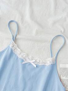 Teen Girls' Navy Blue & White Lace Trim Camisole Top And Shorts 2 Pieces Pajama Set, Spring/Summer - Baby Blue - View 3