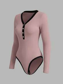INAWLY Women's Casual Versatile Contrast Color Button Long Sleeve Bodysuit - Pink - View 4