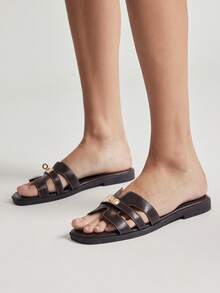 SHUZIA Women Minimalist Comfortable Metal Decor Slip-On Flat Sandals - Chocolate Brown - View 3