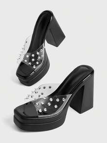Sugerpunk Giày sandal cao gót hở mũi thời trang và gợi cảm dành cho nữ, phong cách punk gothic thanh lịch, đính đinh tán trong suốt, đế dày chống thấm nước, gót chunky, giày slip-on mùa xuân/hè dành cho các bữa tiệc hộp đêm/lễ hội. - màu đen - Xem 5