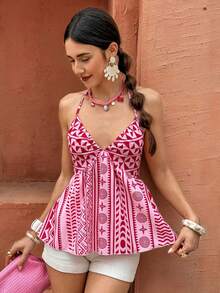 Selianne Camisola feminina elegante, moderna, casual, confortável, charmosa, retrô, minimalista, sofisticada, romântica, sem mangas, com decote em V, amarração na cintura e barra evasê, estampada. - Rosa Quente - Ver 7