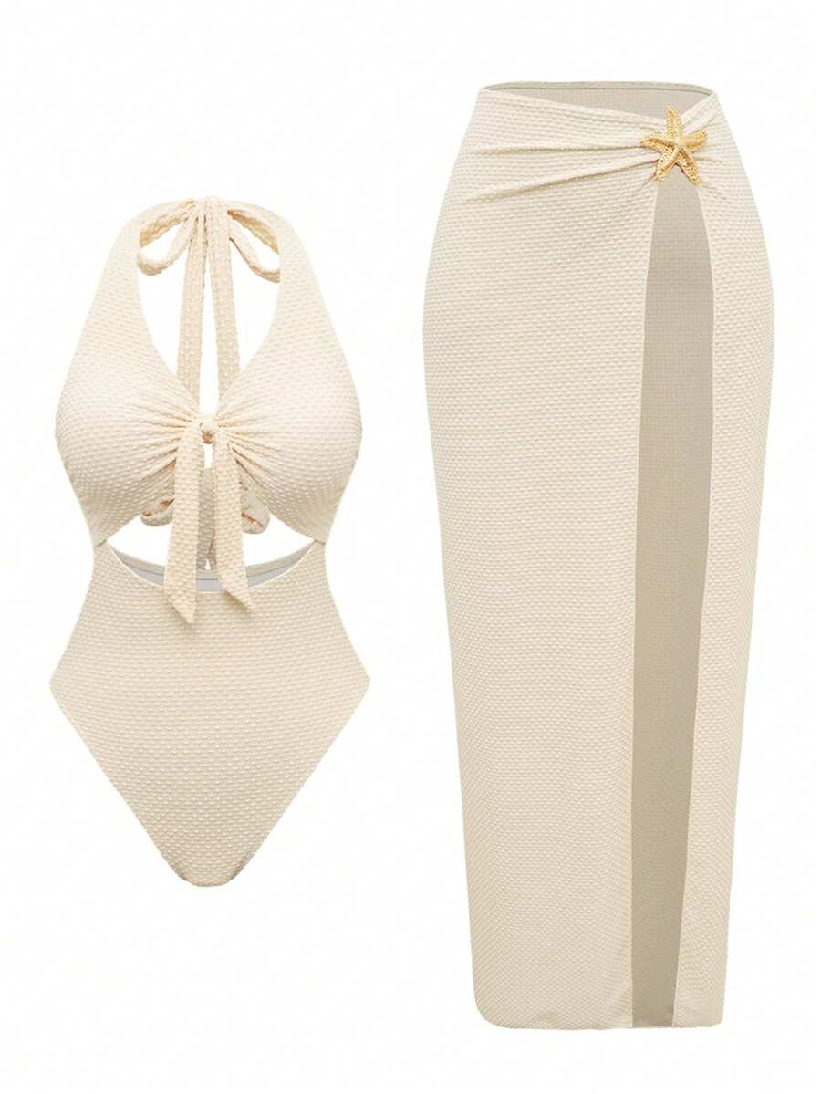 Swim Oasis 2pcs Women's White Summer Elegant Sexy Beach Golf Holiday Outfit,Textured Fabric Metal Starfish Front Tie Halter One-Piece Swimsuit Maxi Skirt Set - Apricot - View 1