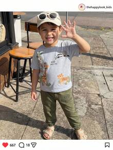 THE HAPPY LOOK 2pcs/Set Young Boy Cartoon Animal Print Soft Knit Crew Neck Short Sleeve Top And Elastic Waist Pants - Multicolor - View 1