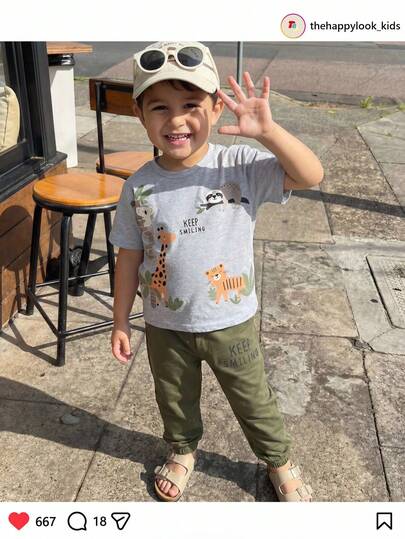 THE HAPPY LOOK 2pcs/Set Young Boy Cartoon Animal Print Soft Knit Crew Neck Short Sleeve Top And Elastic Waist Pants
