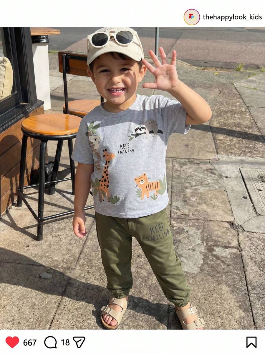 THE HAPPY LOOK 2pcs/Set Young Boy Cartoon Animal Print Soft Knit Crew Neck Short Sleeve Top And Elastic Waist Pants - Multicolor - View 1