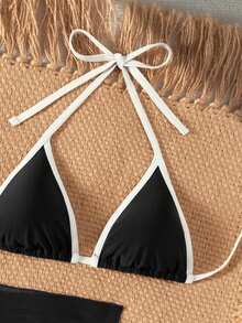 Swim Vcay Bộ bikini nữ màu trơn mới, dây đeo vai mảnh phối màu tương phản, quần short cạp cao buộc dây bên hông, váy lưới, bộ đồ bơi 3 mảnh, đồ bơi 2 mảnh cho nữ, áo bikini đen, áo croptop, bikini cho nữ - Nhiều màu - Xem 5