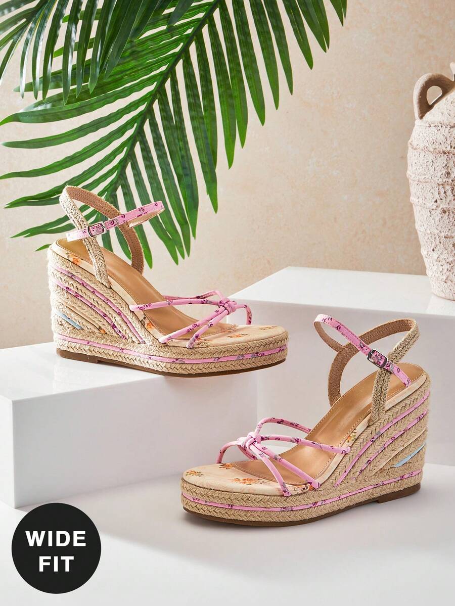 SHUZIA 宽楦女士优雅可爱印花踝带坡跟草编鞋 - 粉色 - 查看 1