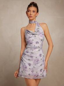 L'Amorae Women Watercolor Floral Scarf Mini Dress Chiffon Summer Vacation Wedding Guest Golf Pastal Sexy - Multicolor - View 6