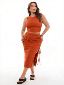 Solavibe Ensemble 2 pièces top débardeur à col rond en couleur unie élastique et jupe plissée, grande taille - Orange - Voir 4