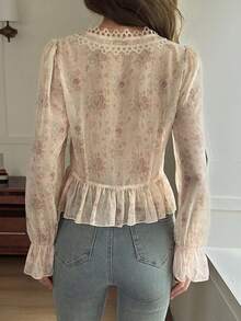 DAZY Floral Contrast Lace Deep V Neck Long Sleeve Tie Ruffle Hem Casual Vacation Summer Blouse For Women Going Out Tops School - Apricot - View 3