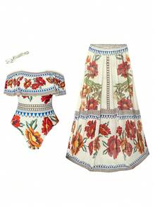 Swim Oasis Set da 2 pezzi, taglia comoda, novità primavera/estate 2026, costume da bagno e gonna coordinati, stampa floreale vintage, elegante, con spalle scoperte e spalline rimovibili, adatto per vacanze al mare - Multicolore - Visualizzare 3
