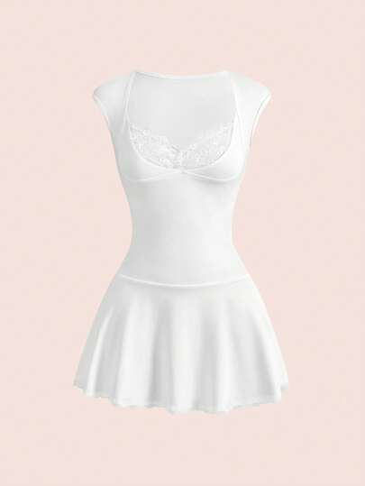 ROMWE Y2K Sexy Versatile Contrast Lace Ruched Waist Bodycon Mini Dress For Women, Spring/Summer