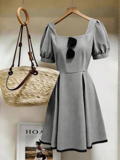 GlowEve CURVE Vestido a cuadros para mujer talla grande, primavera/verano, vestido de parche con dobladillo de encaje negro, adecuado para el transporte urbano y el uso diario