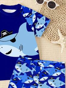 SHEIN Young Boy Casual Loose Round Neck Short Sleeve T-Shirt And Shorts Swimwear Set,Cartoon Pirate Shark Graphic Print For Summer,Beach,Holiday,Swimming - Multicolor - View 4