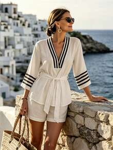 Breezaya Phong cách nghỉ dưỡng kiểu Pháp: Áo cổ chữ V kẻ sọc tương phản màu sắc kết hợp với quần short cạp cao - Bộ trang phục sành điệu. - Màu be - Xem 6