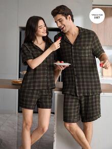 CoupledUp Classic Plaid Print Men's Casual Short Sleeve Shorts Collared Pajama Set - Green - View 7