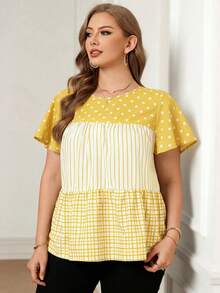 Rosumi Chemise décontractée à manches courtes, col rond, imprimé à pois et rayures, grande taille - Jaune citron - Voir 6