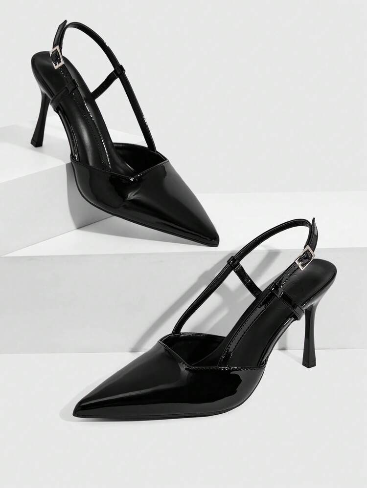 CUCCOO SZL Women's Fashion Pointed Classic Patent Leather Back Strap With Sexy Evening Wear Party Style Simple Back Space Stiletto High Heel Shoes