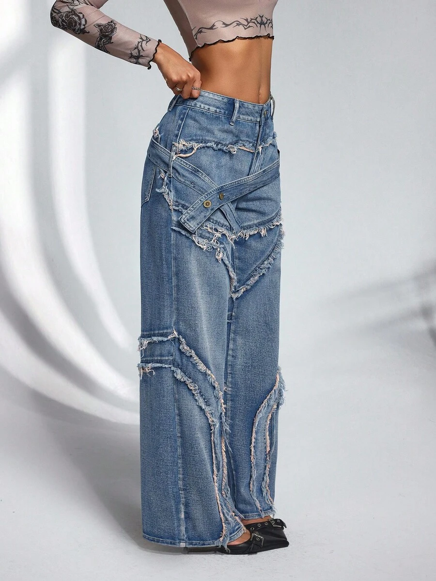 SHEIN PETITE Calça jeans feminina de perna reta e perna larga - Azul - Ver 1