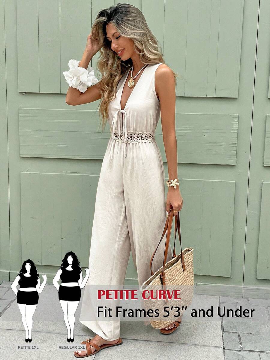 SHEIN PETITE CURVE 大码女士纯色亚麻无袖V领系腰宽松连体裤，休闲夏季纯色连体裤，浪漫优雅，面料柔软，宽松阔腿裤，适合度假和日常穿着，女士夏季工作服，女士夏季服装，女士教师制服，女士度假休闲服 - 杏色 - 查看 1