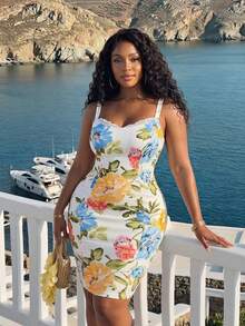 Slaydiva Spring/Summer New Sleeveless Lace Splice Bodycon Knee-Length Floral Print Dress, Romantic Vacation, Plus Size, Capri - Multicolor - View 2